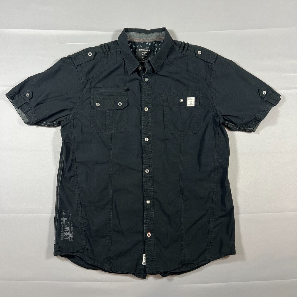 Dark Black Projek Raw Shirt Mens L‎ Black Textured Cotton Short Sleeve Button Up